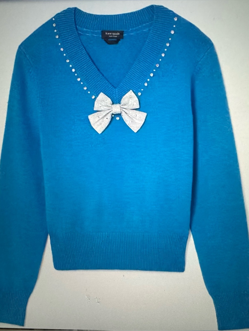 KATE SPADE VIBRANT, BLUE, V-NECK BOW SWEATER, SIZE XS